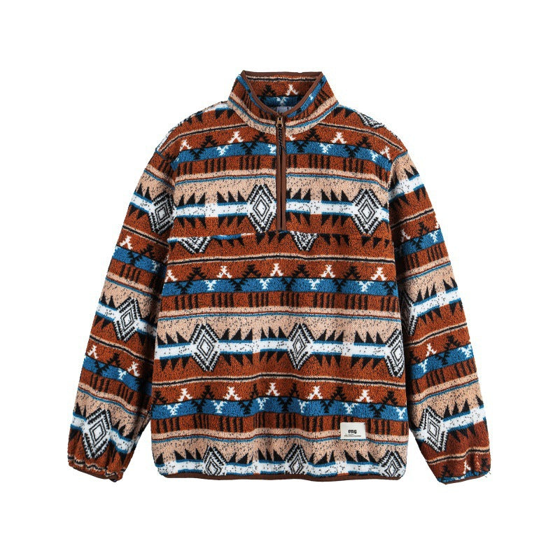 Unisex Fleece Pullover Half Zip with Aztec Pattern and High Stand-Up Collar Fashion Glam