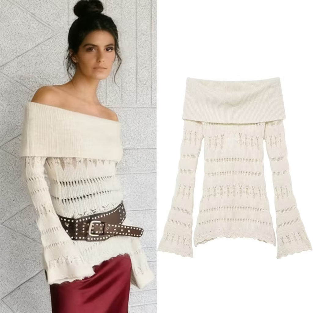 Women's Off-Shoulder Fine Knit Sweater with Folded Roll Neck and Bell Sleeves Fashion Glam