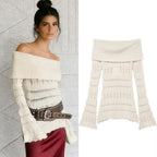 Women's Off-Shoulder Fine Knit Sweater with Folded Roll Neck and Bell Sleeves Fashion Glam