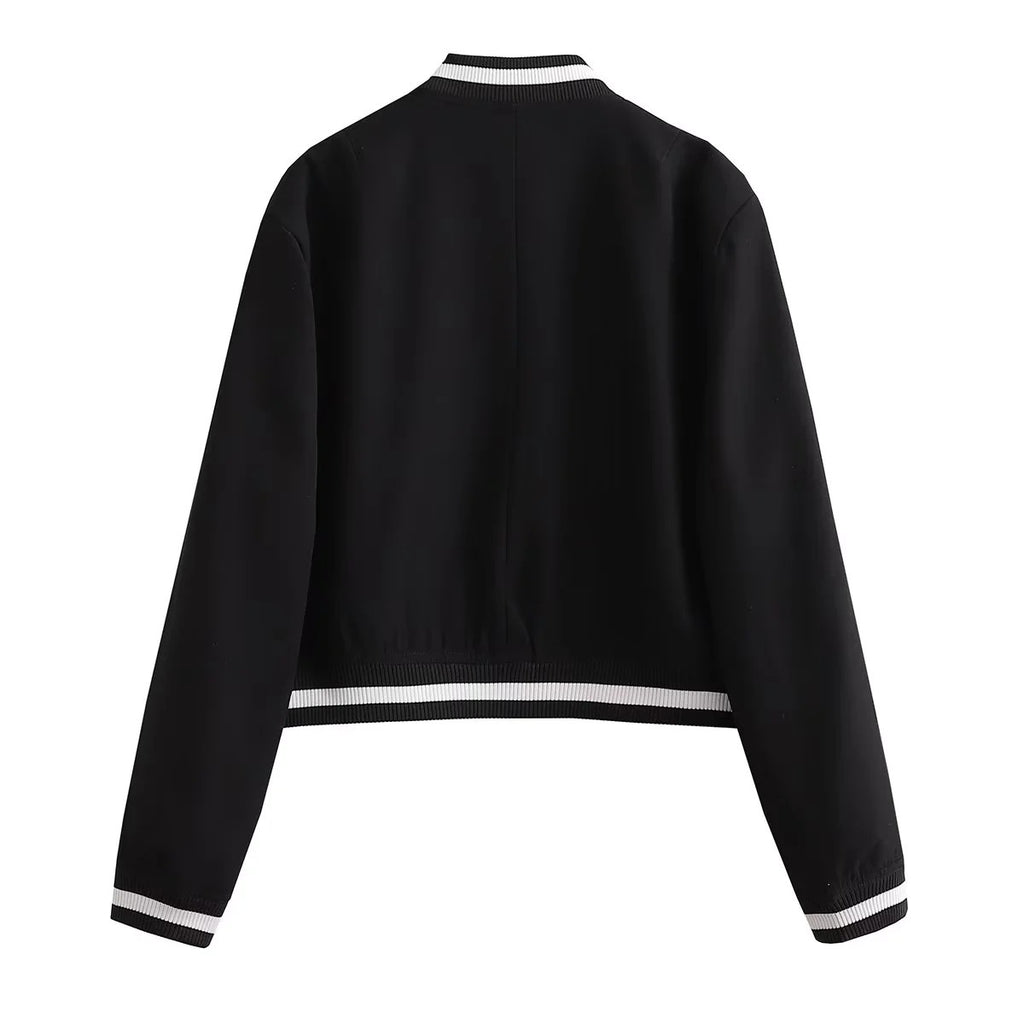 Women's Cropped College Bomber Jacket with Striped Ribbed Cuffs and Snap Button Closure Fashion Glam