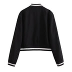 Women's Cropped College Bomber Jacket with Striped Ribbed Cuffs and Snap Button Closure Fashion Glam
