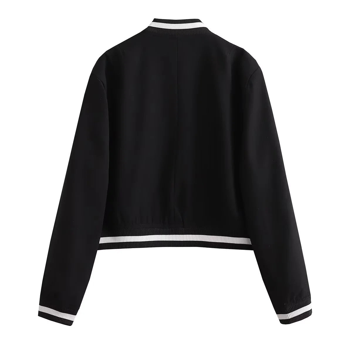 Women's Cropped College Bomber Jacket with Striped Ribbed Cuffs and Snap Button Closure Fashion Glam