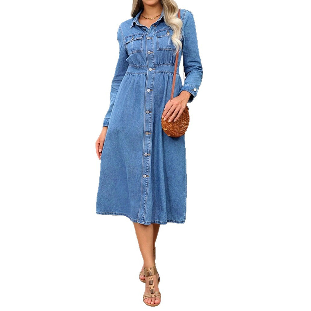 Women's denim midi dress with button placket, tailored fit and chest pockets Fashion Glam