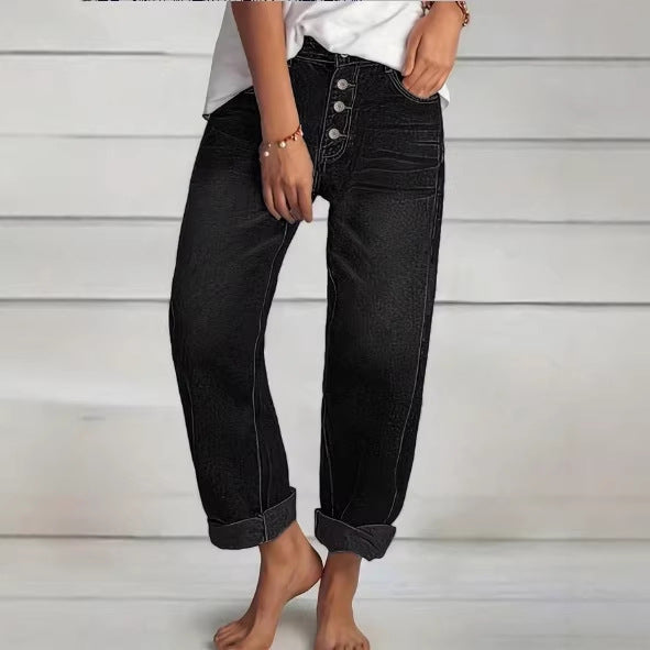 Ladies High-Waist Relaxed-Fit Jeans in Boyfriend Style with Visible Button Placket and Rolled Hem Fashion Glam
