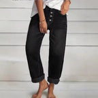 Ladies High-Waist Relaxed-Fit Jeans in Boyfriend Style with Visible Button Placket and Rolled Hem Fashion Glam