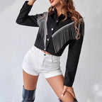 Women short cut denim jacket with silver fringes and button placket Fashion Glam