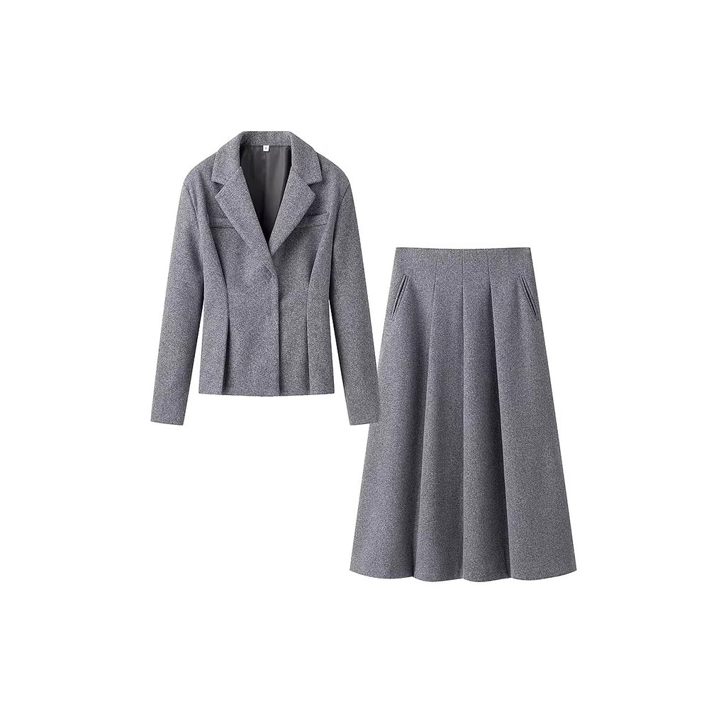 Women's Tailored Wool Blend Suit with Short Blazer and Pleat-Like Midi Skirt Fashion Glam