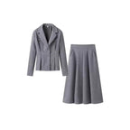 Women's Tailored Wool Blend Suit with Short Blazer and Pleat-Like Midi Skirt Fashion Glam