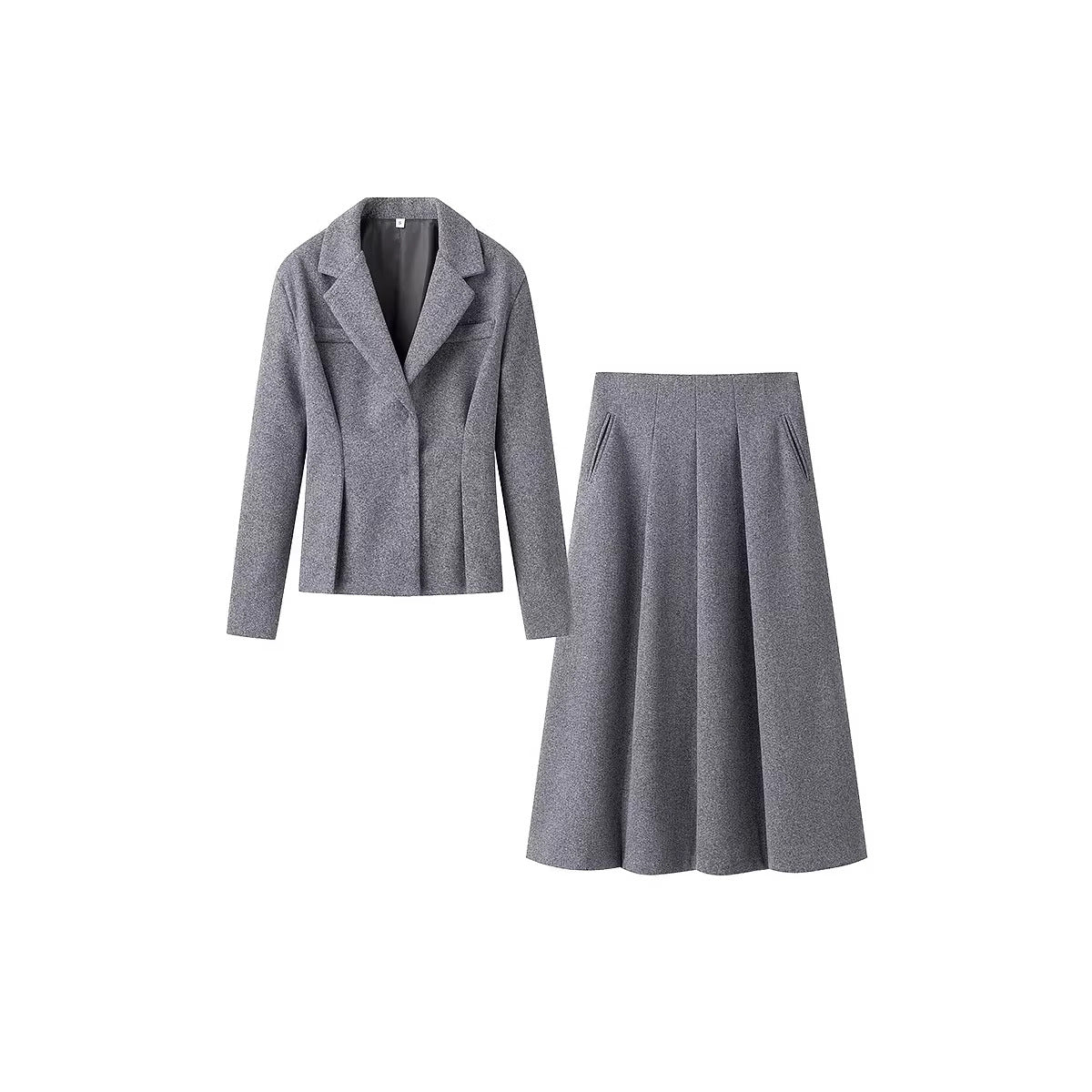 Women's Tailored Wool Blend Suit with Short Blazer and Pleat-Like Midi Skirt Fashion Glam