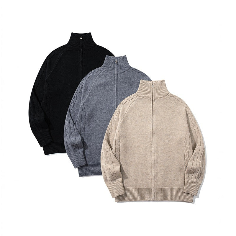 Unisex Boxy Zip Cardigan with Stand-up Collar, Cable Knit Sleeves and Ribbed Hems Fashion Glam
