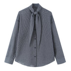 Women's Oversize Blouse with Bow Collar and Fine Vichy Check Fashion Glam