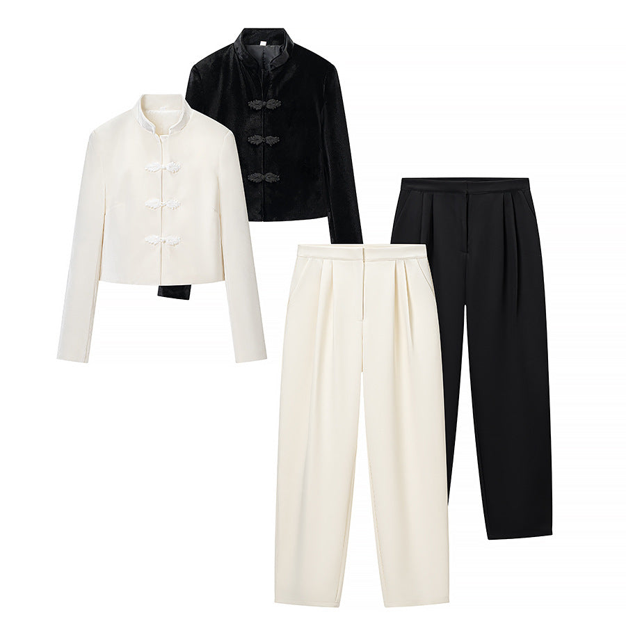 Women's Two-Piece Set with Tailored Short Mandarin Jacket and High-Waisted Pleated Trousers Fashion Glam