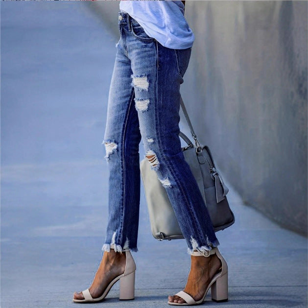 Ladies ankle-length straight-cut destroyed jeans with high waist and frayed hem Fashion Glam