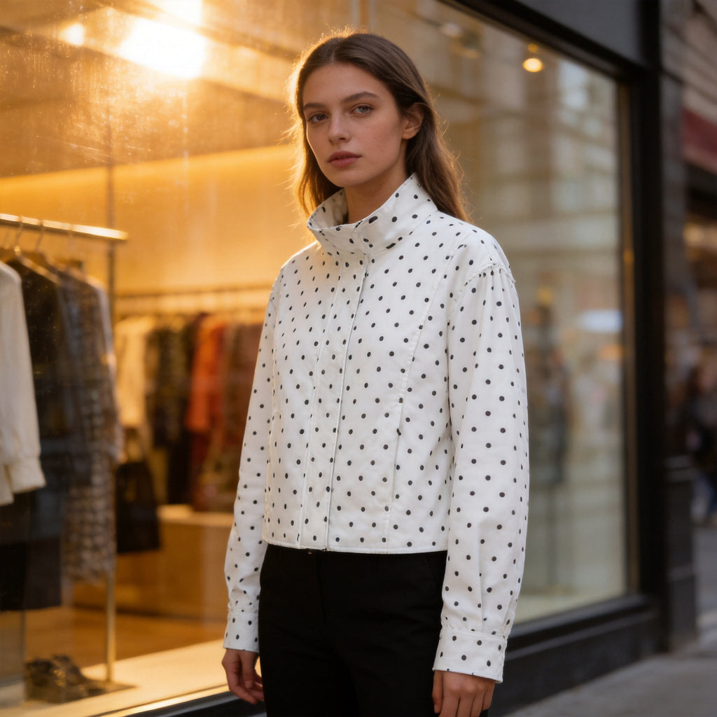 Women's short dotted jacket in blouson style with stand-up collar and balloon sleeves Fashion Glam
