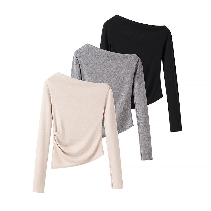 Women's Asymmetrical One-Shoulder Long Sleeve Shirt with Side Gathering Fashion Glam