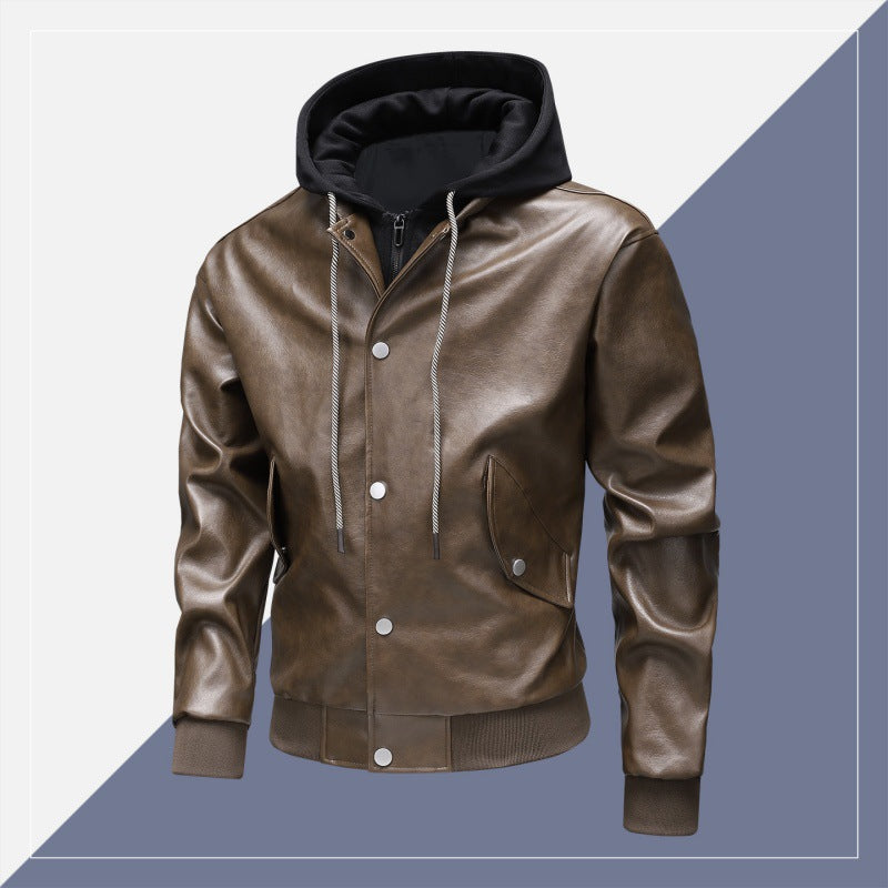 Men's leather bomber jacket with integrated hood insert and ribbed cuffs Fashion Glam
