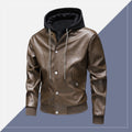 Men's leather bomber jacket with integrated hood insert and ribbed cuffs Fashion Glam