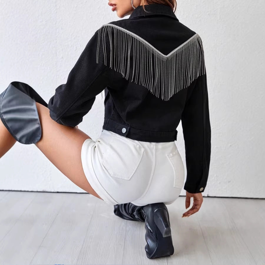 Women short cut denim jacket with silver fringes and button placket Fashion Glam