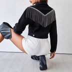 Women short cut denim jacket with silver fringes and button placket Fashion Glam