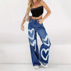 Ladies High-Waist Wide-Leg Jeans with large heart print Fashion Glam