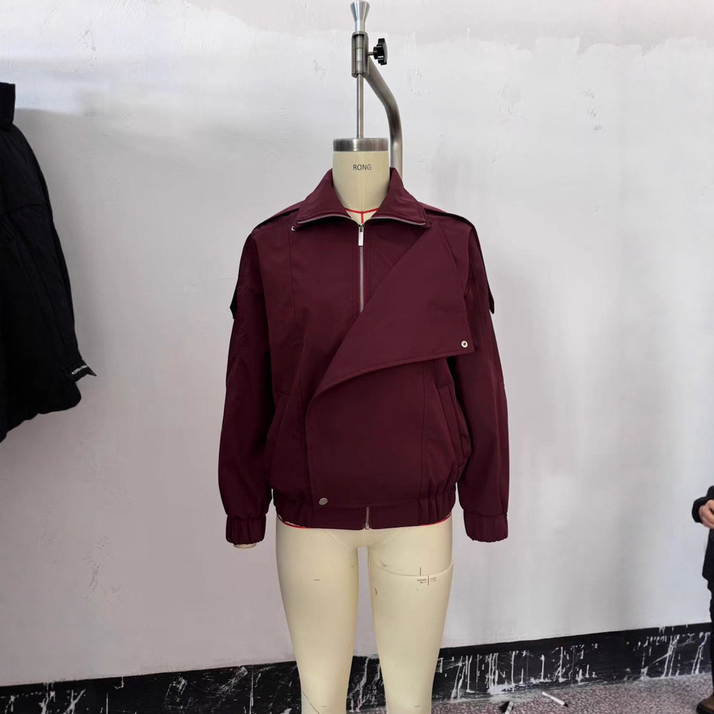 Women's oversized bomber jacket with asymmetric placket front, standing collar, and drawstring hem Fashion Glam