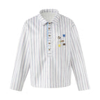 Unisex Striped Overshirt with Henley Button Placket and Decorative Pin Details Fashion Glam