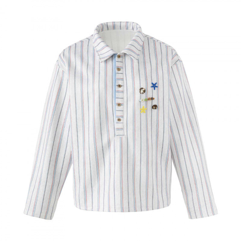Unisex Striped Overshirt with Henley Button Placket and Decorative Pin Details Fashion Glam