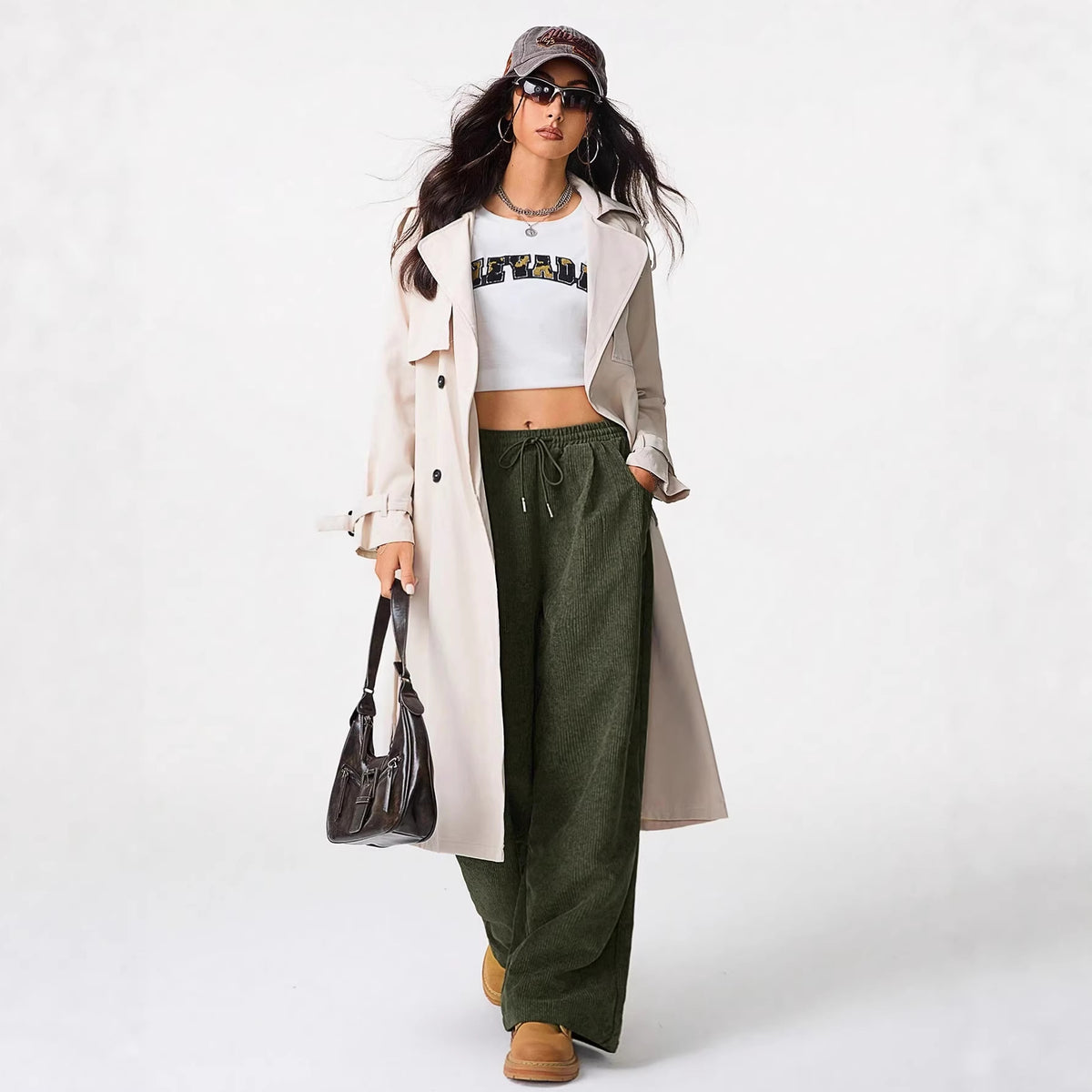 Women's Loose Cord Pants with Elastic Waistband, Drawstring, and Side Pockets Fashion Glam