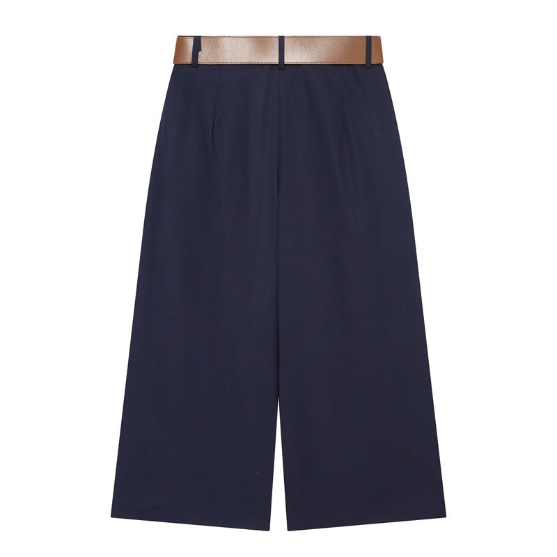 Women's High-Waisted Culotte Pants with Wide Leg, Knife Pleats and Round Buckle Belt Fashion Glam