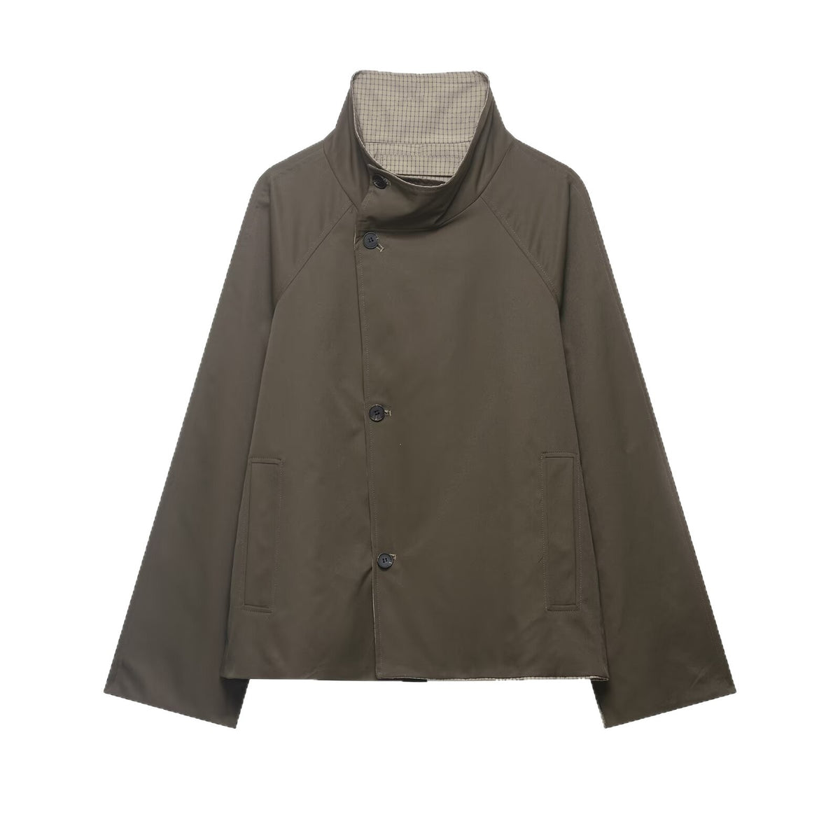Women's short cape coat with high stand-up collar, concealed button placket and slanted pockets Fashion Glam