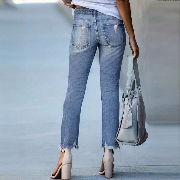 Ladies Casual Cropped Jeans with Distressed Destroy Design, High Waist and Asymmetrical Fringed Hem Fashion Glam
