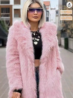 Women's Mid-length Faux Fur Coat with Long Fiber Shaggy Look and Concealing A-Line Fashion Glam