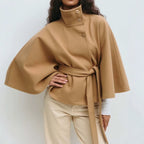 Women's Short Cape Coat with Stand-Up Collar, Oversized Sleeves and Tie Belt Fashion Glam