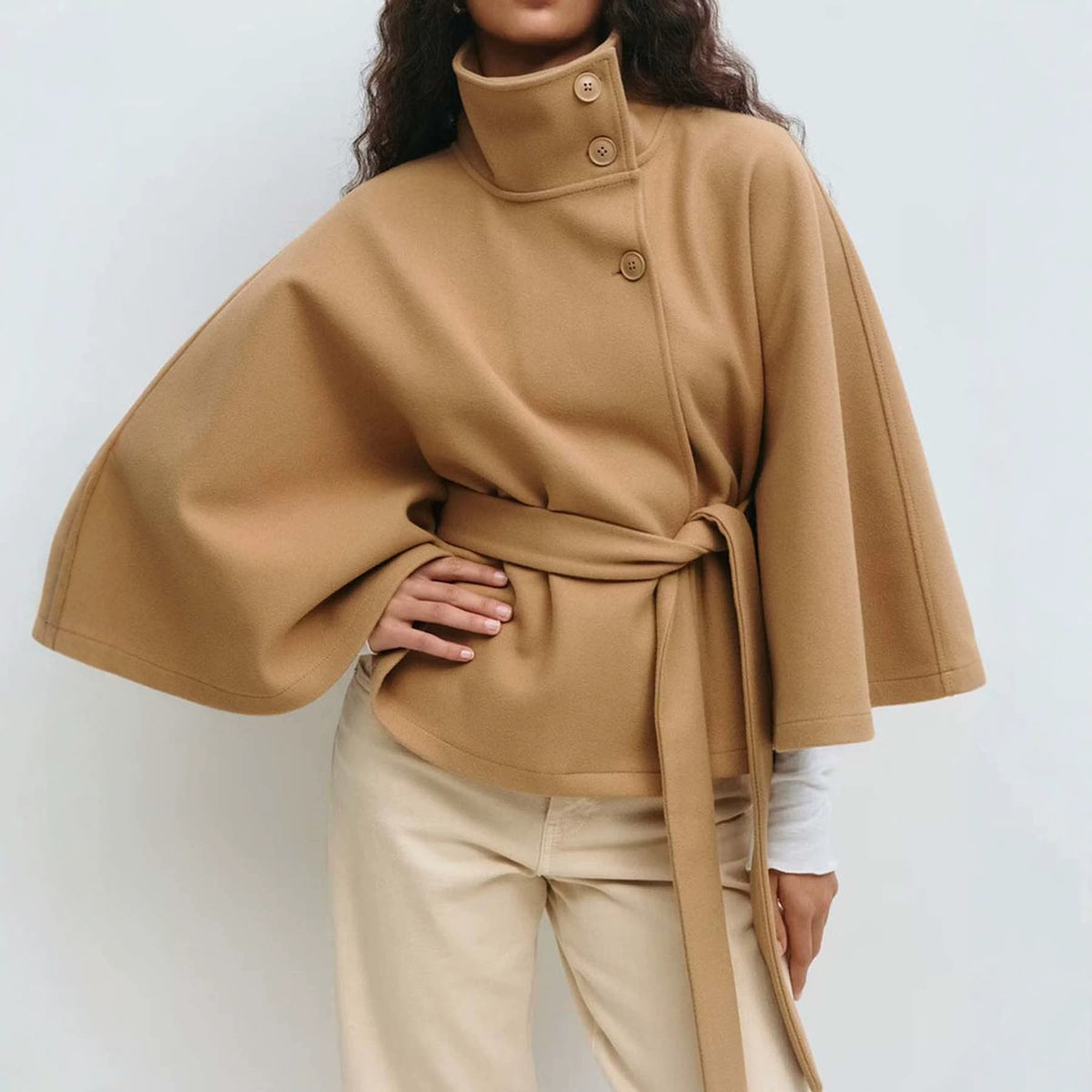 Women's Short Cape Coat with Stand-Up Collar, Oversized Sleeves and Tie Belt Fashion Glam