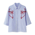 Women Oversized Shirt Blouse with Pinstripes, Palm Embroidery and Three-Quarter Sleeves Fashion Glam