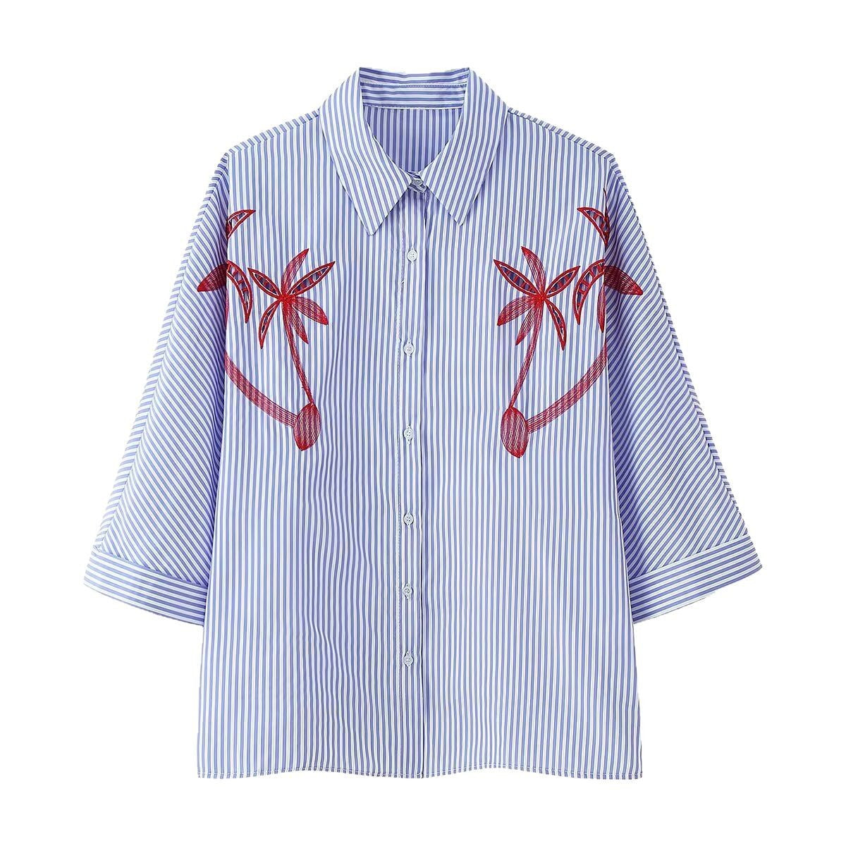 Women Oversized Shirt Blouse with Pinstripes, Palm Embroidery and Three-Quarter Sleeves Fashion Glam