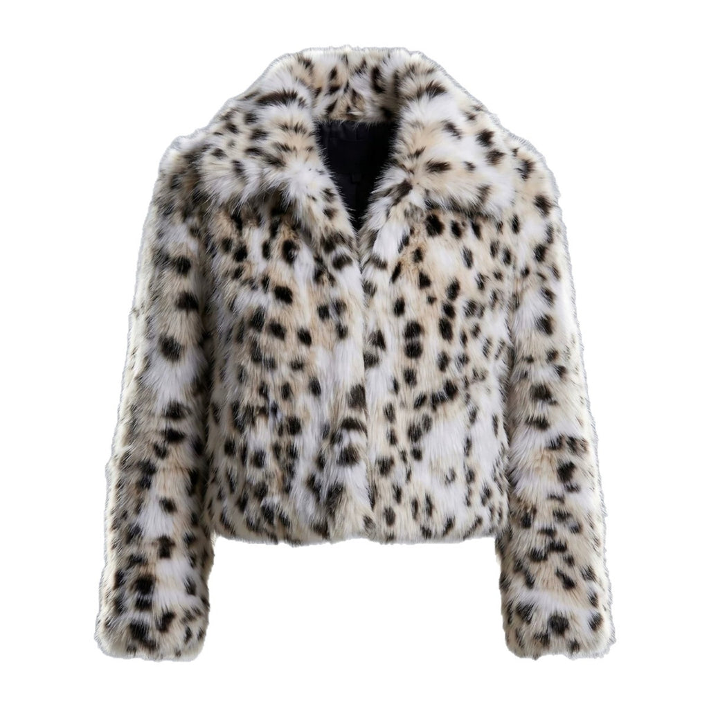 Women short cut faux fur jacket with graphic spot pattern and boxy silhouette Fashion Glam