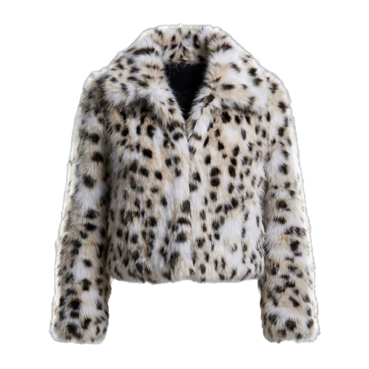 Women short cut faux fur jacket with graphic spot pattern and boxy silhouette Fashion Glam