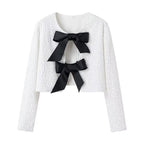 Women's short bolero jacket with sequin trim and double tied satin bows Fashion Glam