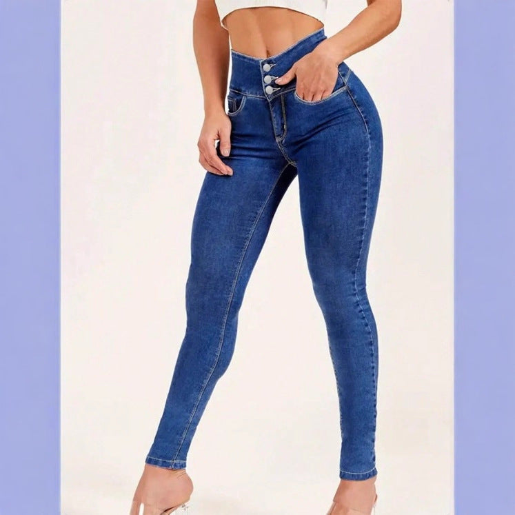 Women High-Waist Sculpting-Skinny-Jeans with waist-shaping V-waistband and double-button closure Fashion Glam