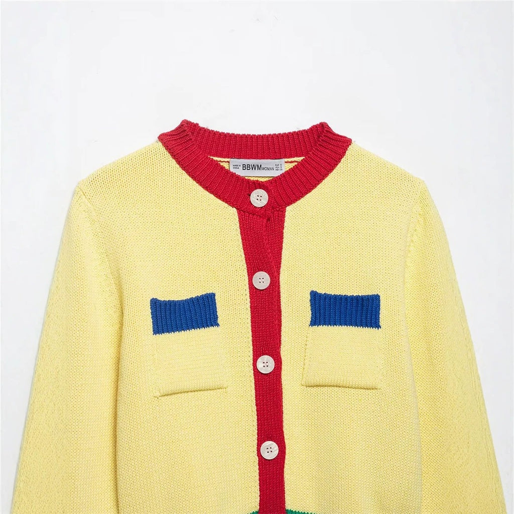 Women Short Chunky Knit Cardigan with Contrast Trims and Decorative Flap Pockets Fashion Glam