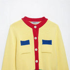 Women Short Chunky Knit Cardigan with Contrast Trims and Decorative Flap Pockets Fashion Glam