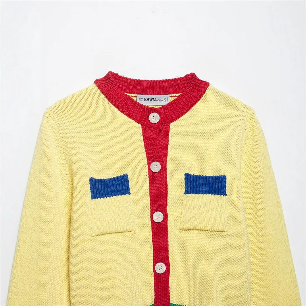 Women Short Chunky Knit Cardigan with Contrast Trims and Decorative Flap Pockets Fashion Glam