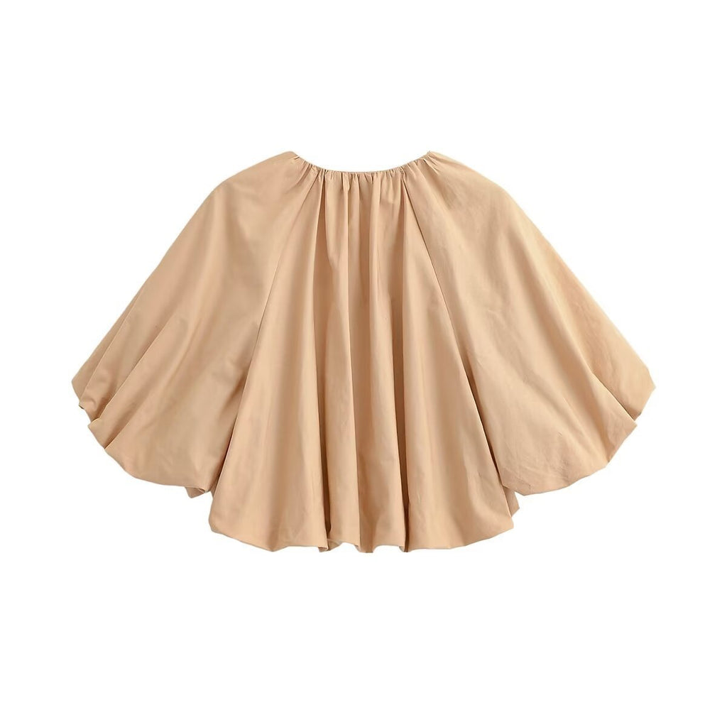 Women Oversized Cape Blouse with Drawstring, Gathered Hem and Voluminous Batwing Sleeves Fashion Glam