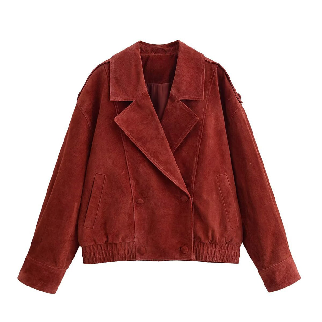 Women's short blazer made of suede leather with oversized silhouette and double-breasted lapel Fashion Glam