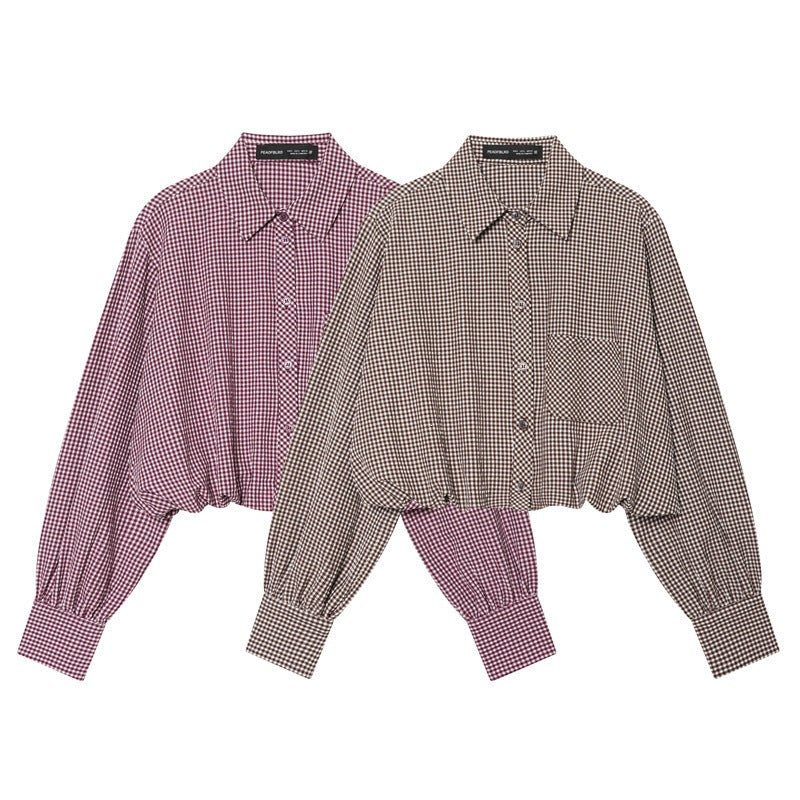 Ladies Short-Cut Checked Blouse with Balloon Sleeves, Elastic Hem and Breast Pocket Fashion Glam