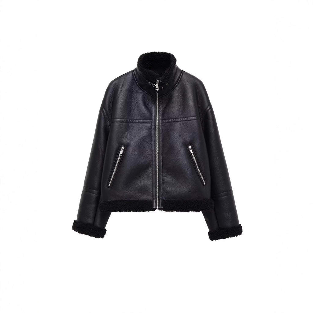 Women's Oversize Pilot Jacket made of Faux Leather with Teddy Lining and Stand Collar Fashion Glam