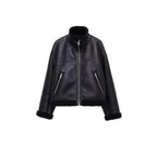 Women's Oversize Pilot Jacket made of Faux Leather with Teddy Lining and Stand Collar Fashion Glam