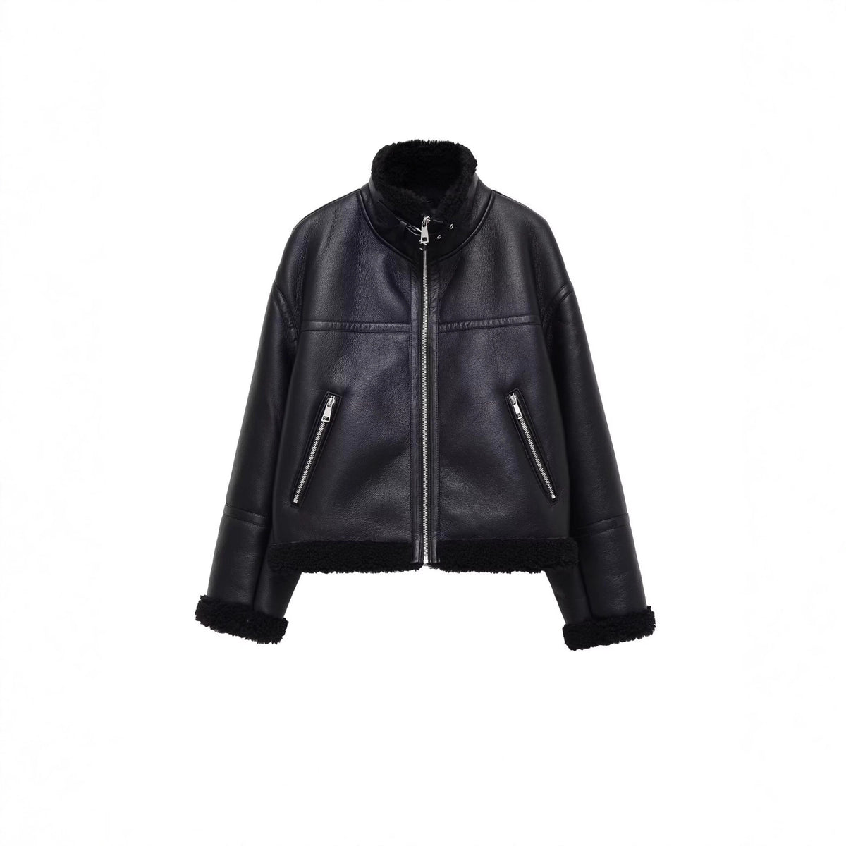 Women's Oversize Pilot Jacket made of Faux Leather with Teddy Lining and Stand Collar Fashion Glam