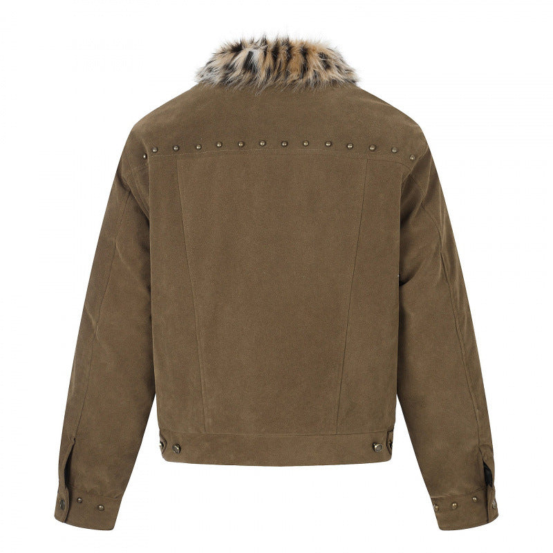 Men's short jacket made of suede leather imitation with faux fur collar and stud details Fashion Glam
